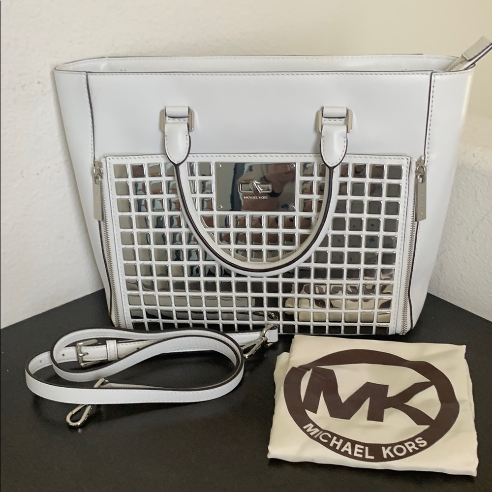 Michael Kors Silver and White Tote Bag with Geometric Design